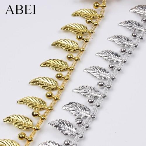 3yards 2cm Gold Silver Leaf Chain Plastic beads Ribbon For Cosplay Performance Sewing Accessories DIY Crafts Wedding Decoration