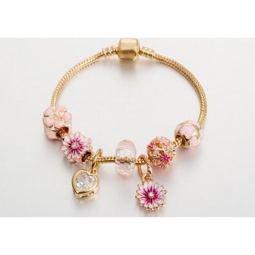 ANNAPAER 2020 New Arrival Pink Flower Daisy Colorful Charm Beads Bracelets Bangle For Women Fit Original DIY Jewelry Gift B20006