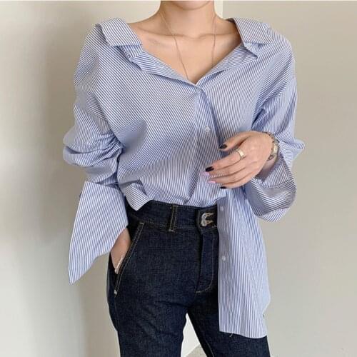 Blusas Autumn BF Style Fashion White Shirt Women Stripe Blue Shirt Cotton Tops Loose Oversize Button Shirt Casual Clothes 15839