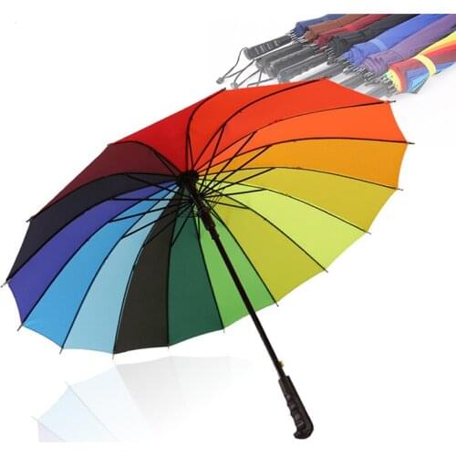 16K Rainbow Big Umbrella Rain Fashion Windproof Long Handle Umbrellas Strong Frame Waterproof Female Sunny And Rainy Umbrella