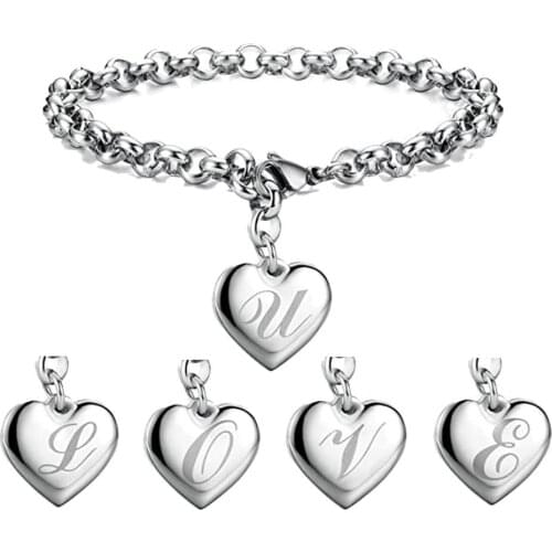 BONLAVIE Fashion Summer Initial Charm Alphabet Bracelets Jewelry Stainless Steel Heart 26 Letters Link Bracelet for Women Gifts