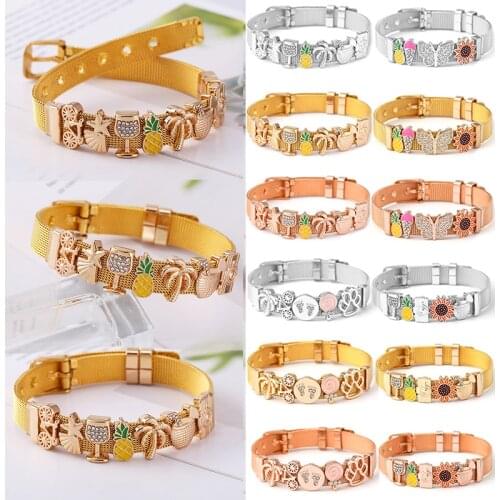 DIY 10mm Adjustable Stainless Steel Mesh Bracelet With Feet Coconut Tree Beads Charm Brand Bracelet For Women Men Jewelry Gift