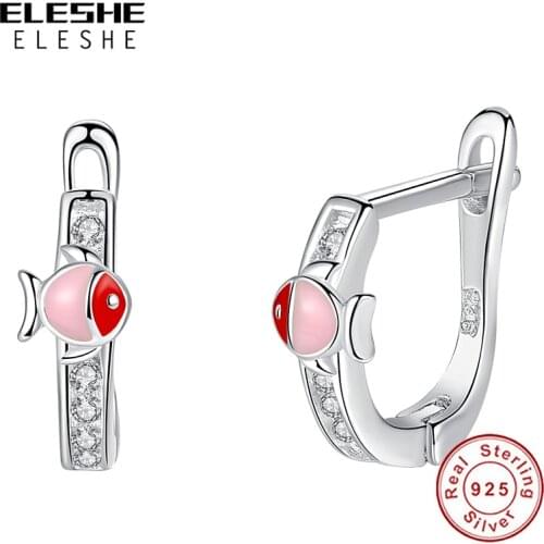 ELESHE Cute Fish Pink Red Enamel Hoop Earrings for Girls Kids Children 925 Sterling Silver Crystal Zircon Earrings Fine Jewelry