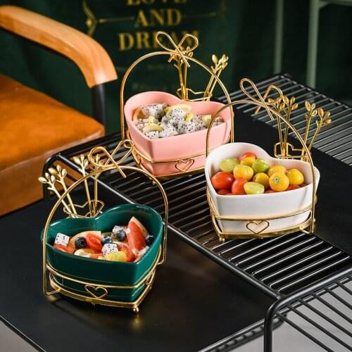 Fruit Bowl with fork Cute heart-shaped creative ceramic salad bowl Home living room fruit bowl Light luxury small candy dish