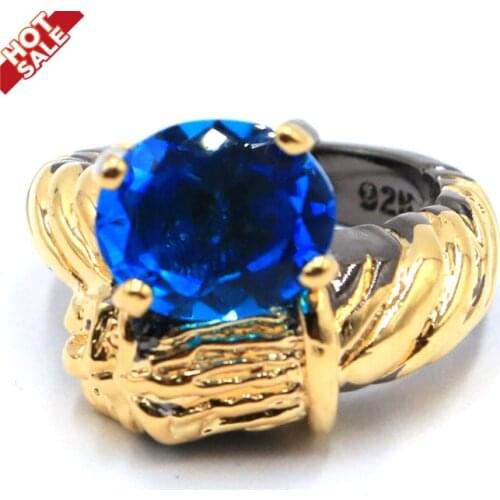 23x17mm Gothic Vintage Created Paris Blue Topaz Leopard Ladies Gift Black Gold Silver Rings