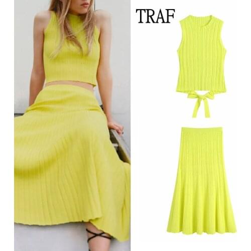 TRAF Za Two Piece Set Women Knitted Crop Top Backless Womens Clothing 2021+ High Waist Long Skirts Woman Elegant Knitted Suit