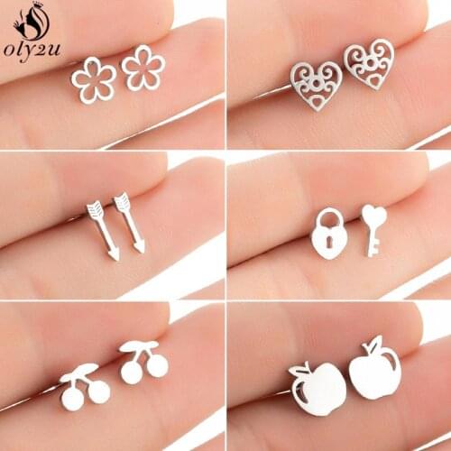 Korean Daisy Flower Earrings Multiple Small Key Lock Arrow Heart Apple Stainless Steel Stud Earring 2021 Minimalist Jewelry Gift