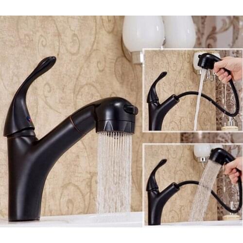 KitchenBrass Deck Mounted hot & cold a Faucet Black Oil Brushed Sink Faucet Bathroom a Faucet with pull out shower head