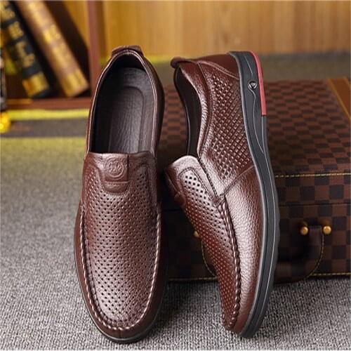 2021 Newly Mens Summer Loafers Shoes Genuine Leather Soft Man Casual Slip-on Cutout Shoes Cowhide Summer Loafers