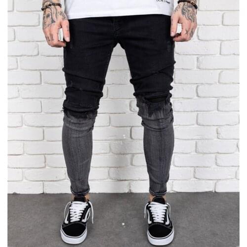 2021 New Mens Casual Fashion Personality Jeans Gradient Black Gray Contrast Color Ripped Holes Washed Denim Trousers Mens Jeans