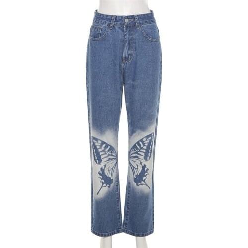 Autumn/winter new style womens fashion high-waist butterfly printing slim casual jeans straight-leg pants women
