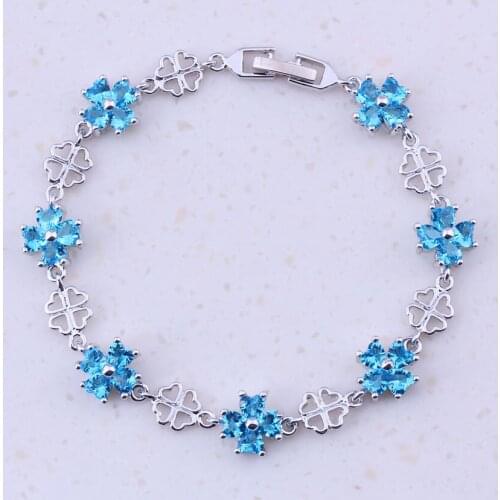 Charismatic Sky Blue Crystal Silver Color Fashion Flower Charm Bracelets For Women Party Trendy Jewelry D0043