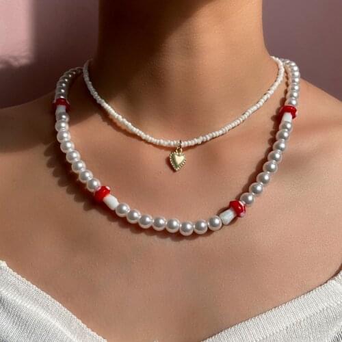 2Pcs/Set White Pearl Beaded Necklace For Women Solid Color Acrylic Rice Bead Strand Mushroom Choker Gold Heart Pendant Jewelry