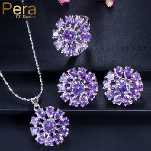 Pera Romantic Purple Amethyst CZ Topaz Round Flower Shape Silver 925 Necklace Earrings Jewerly set for Women Engagement J169