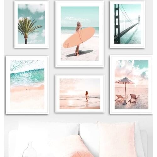 Beach Surfboard Coconut Tree Woman Ocean Wall Art Canvas Painting Nordic Posters And Prints Wall Pictures For Living Room Decor