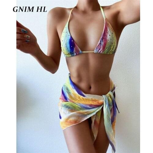 GNIM Sexy Triangle Three Pieces Bikini Set 2020 Summer Bandage Rhinestones Swimsuit Women Beachwear Micro Thong Swimwear Biquini