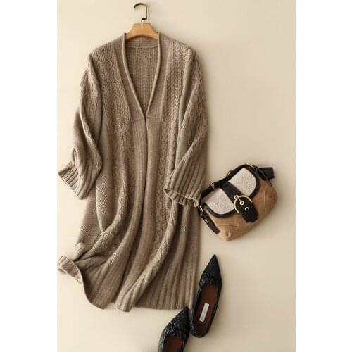 SHUCHAN Long Knitted Cardigan100% Cashmere Vintage Open Stitch V-Neck Vintage Sweater Free Shipping Items Clothes for Women