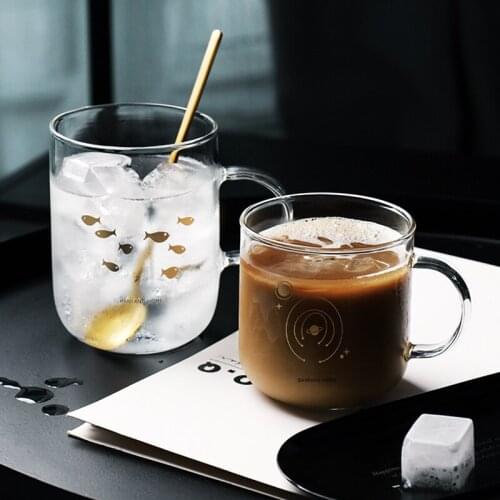 400mL/530mL Glass Mug Fish Planet Gold Printing Breakfast Milk Juice Coffee Crystal Transparent Mug Handle Drinkware Couple Gift