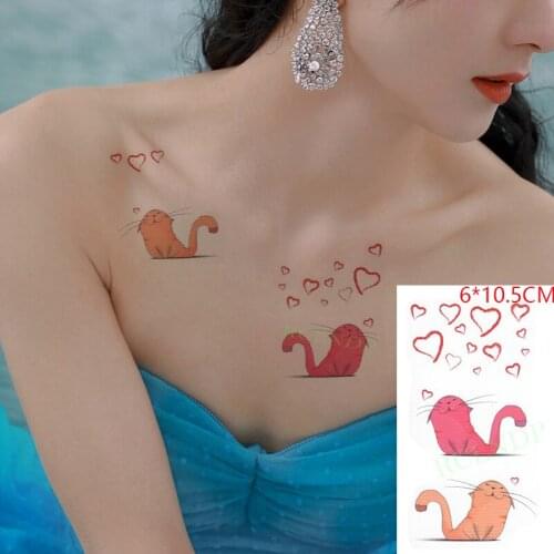 Waterproof Temporary Tattoo Sticker Lovely Pink Orange Cat Love Heart Cartoon Body Art Flash Tattoo Fake Tattoo for Women Men