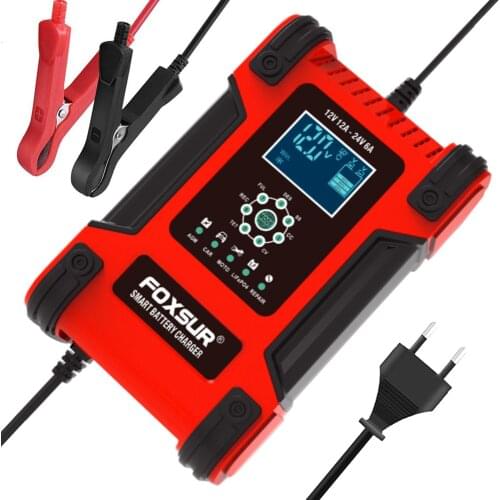 FOXSUR 12V24V 12A Car Battery Charger intelligent Pulse Repair Battery Charger for Car Motorcycle Lead Acid Battery Agm Gel