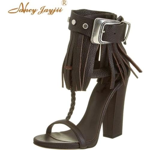 Women Sandals Female Ladies Shoes Fringe Super High Square heels Solid Buckle Strap Zipper Fashion Novelty Casual Leisure 2019