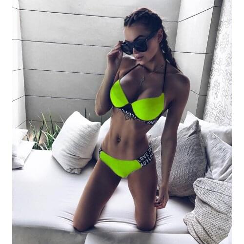 2021 Sexy Bandage Two Pieces Bikini Set Love Letter Print Women Push Up Swimsuit Swimwear Brazilian Micro Low Waist Bathing Suit