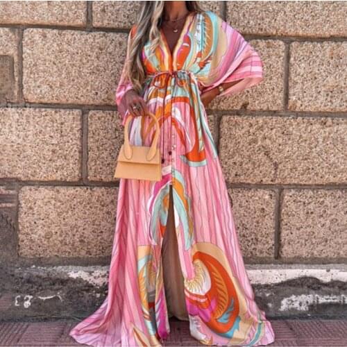 2021 Vintage Chiffon Loose Long Dress Women Elegant Batwing Sleeve V Neck Print Tunic Robe Dress Summer Holiday Beach Dresses