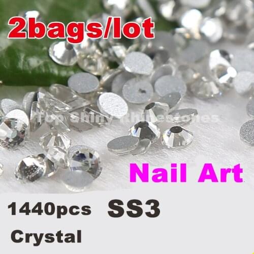 2bags/lot Super Shiny 1440PCS SS3 (1.3-1.4mm) Clear Glitter Non Hotfix Crystal Color Nail Art Decorations Flatback Rhinestones