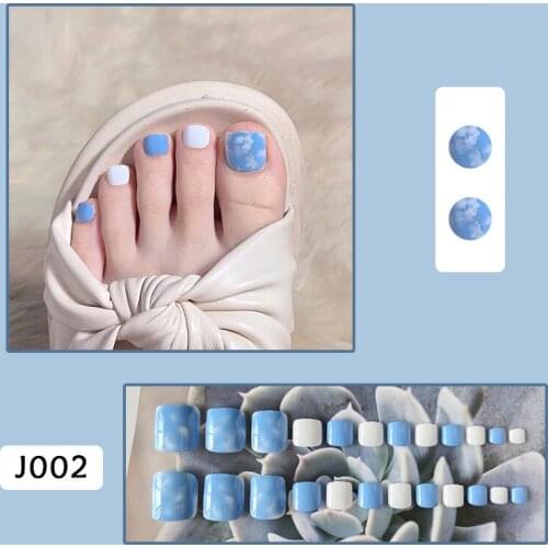 24Pcs Fake Toenail Blue White Blooming Designs High Quality Short Paragraph Foot False Nail With Glue Summer Beauty Toenail NN