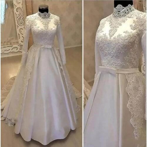 ANGELSBRIDEP Long Sleeves Muslim Wedding Dress Vestido De Noiva Sexy High-Neck Applique Court Train Formal Bride Dress Plus Size