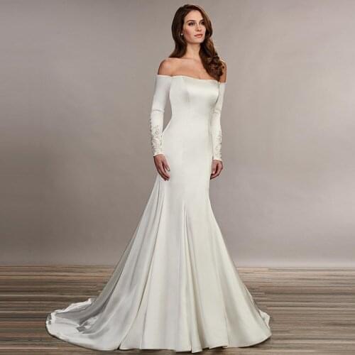Off The Shoulder Long Sleeve Best France Satin Wedding Dresses Vestido De Noiva Sereia Beading Crystal Buttons Bridal Gowns