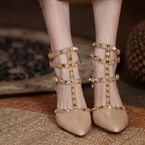 Summer French new style rivet strap pointed toe patent leather stiletto black and white high-heeled sandals women