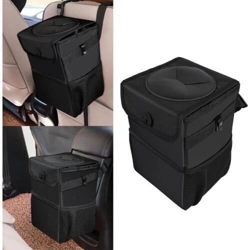 Black Collapsible Car Trash Can with Lid and Storage Pockets, Garbage Litter Bin Waterproof