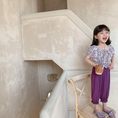 2021 Girls Summer Short Sleeve+pants two pieces set Korean Neck Printed Children Korean Top Sweet Cute Round clothes