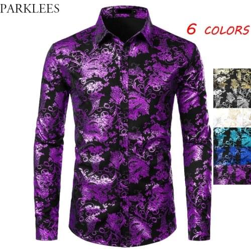 Purple Mens Floral Bronzing Shirt Men Shiny Flower Men Shirt Luxury Fashion Party Mens Dress Shirts Casual Club Camisa Masculina