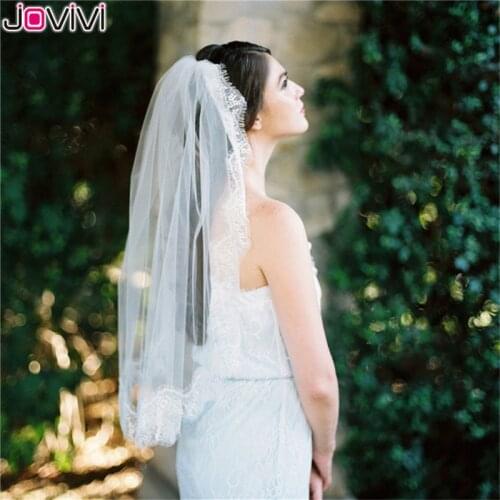 Jovivi New 1pc Short Tulle Wedding Veils One Layer Lace Applique Edge Bridal Veil with Metal Wire Comb for Marriage Accessories