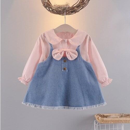 Fashion Autumn Girls Kids Princess Dress Children Baby Infants Jeans Overall Dresses Vestidos+Bow Long Sleeve Tops Shirt S12738
