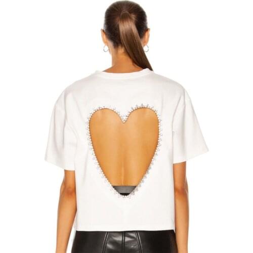 New Design Back Love Diamond Backless Sexy Short-Sleeved T-shirt Black White Womens Tees O-Neck Hollow Out Short Tops Clothes