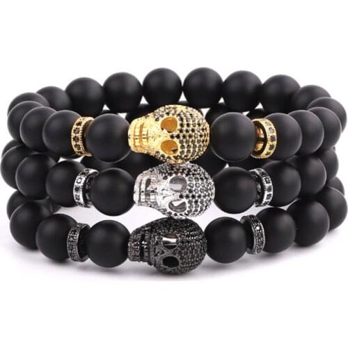 New Men Bracelet Big CZ Skull Charm Natural Stone Beads Stretch Bracelet Men Large Bracelet