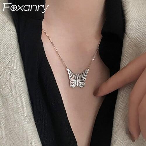 Foxanry 925 Sterling Silver Butterfly Necklaces New Fashion Vintage Punk Clavicle Chain Elegant Party Jewelry Gifts for Women