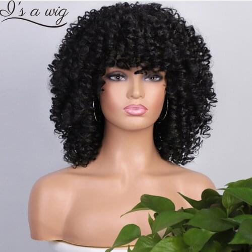 Is a wig Afro Kinky Curly Wig Short Black Synthetic Wigs with Bangs for Black Women Brown Natural Afro High Temperature Hair