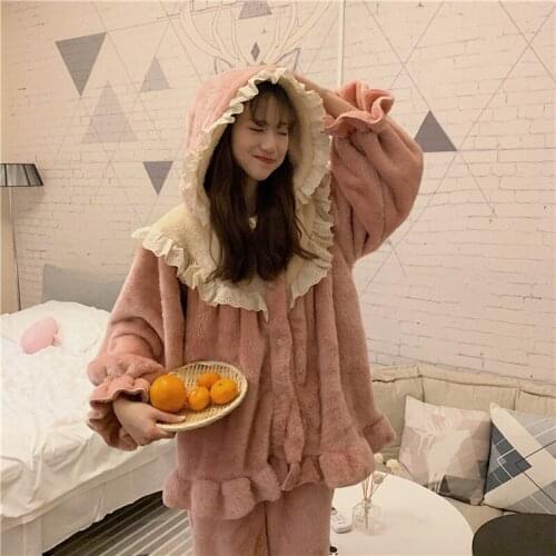 Pajamas fall/winter yukata ladies long-sleeve flannel Korean sweet princess thick warm home service 2PCS sleepwear underwear