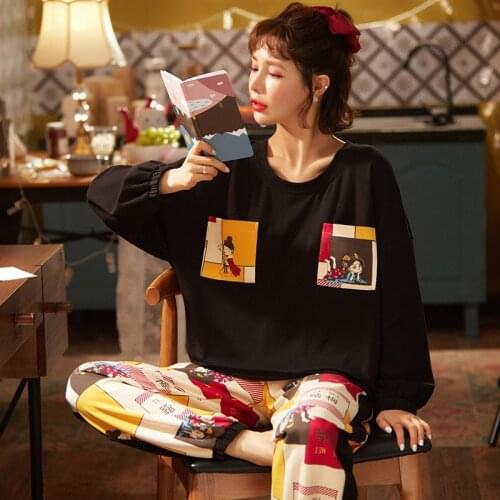 Black Color Sleepwear Pyjamas Female Long Sleeve Cotton Pajamas Ladies Pijamas Mujer Homewear Lovely Print Lounge Wear T-shits