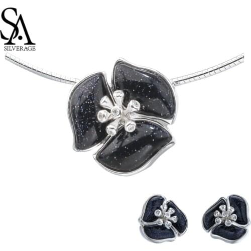 SA SILVERAGE 925 Sterling Silver Gemstone Stud Earrings Pendant Choker Necklaces Wedding Rings Jewelry Sets Black Iris Flower