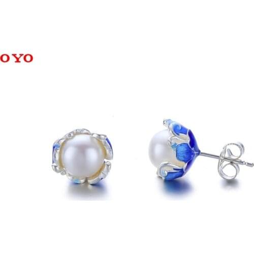 Artificial freshwater pearl earrings s925 silver ladies cloisonne craft silver earrings