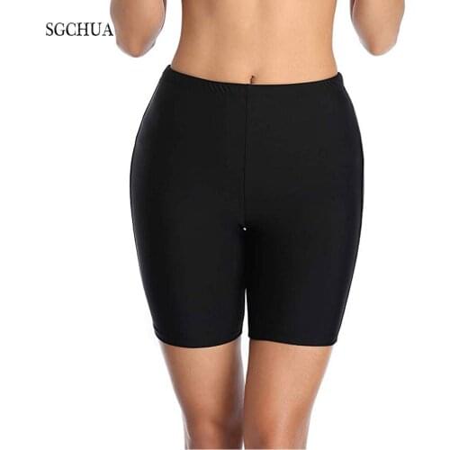 SGCHUA New Plus Size XXL Womens Swimming Trunks Solid Black Bikini Bottom Boxer Swim Short Panties May Beach Bather Briefs
