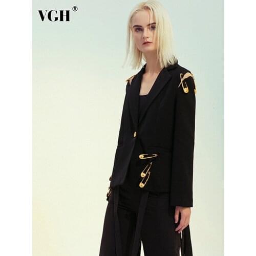 VGH Casual Tunic Black Blazer For Women Notched Long Sleeve Patchwork Pin Plus Size Blazers Female 2020 Fall Fashion New Style