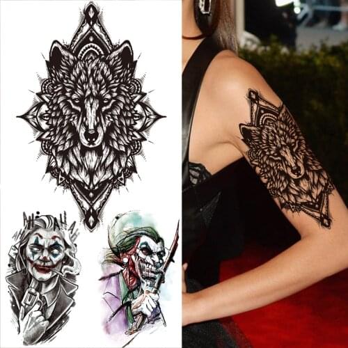Wolf Head Black Temporary Tattoos For Women Men Adults Realistic Fake Clown Tattoo Sticker DIY Waterproof Arm Chest Tatoos