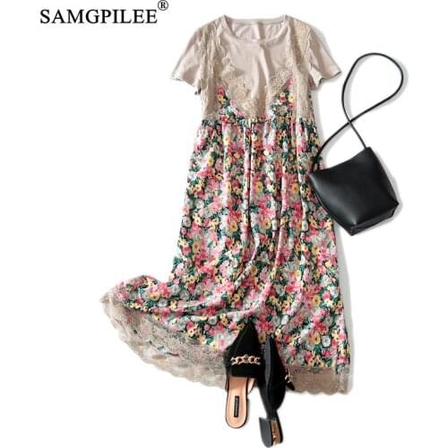 Women Dresses Summer Casual Plus Size Dress A-line Print Short Sleeve Mid-calf Empire O-neck Maxi Dresses For Women 3XL