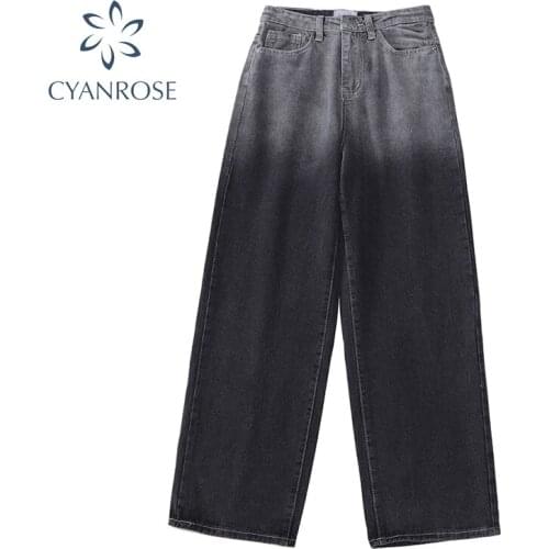 Womens Casual Jeans Black Gradual Tie-dyed Printing High Waist Wide Leg Long Trousers Female 2021 Autumn Korean Y2k Streetwear
